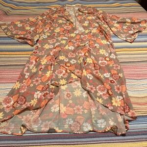 Altar'd State Women Floral Wrap Kimono Orange Yellow Bell Sleeve High Low Small